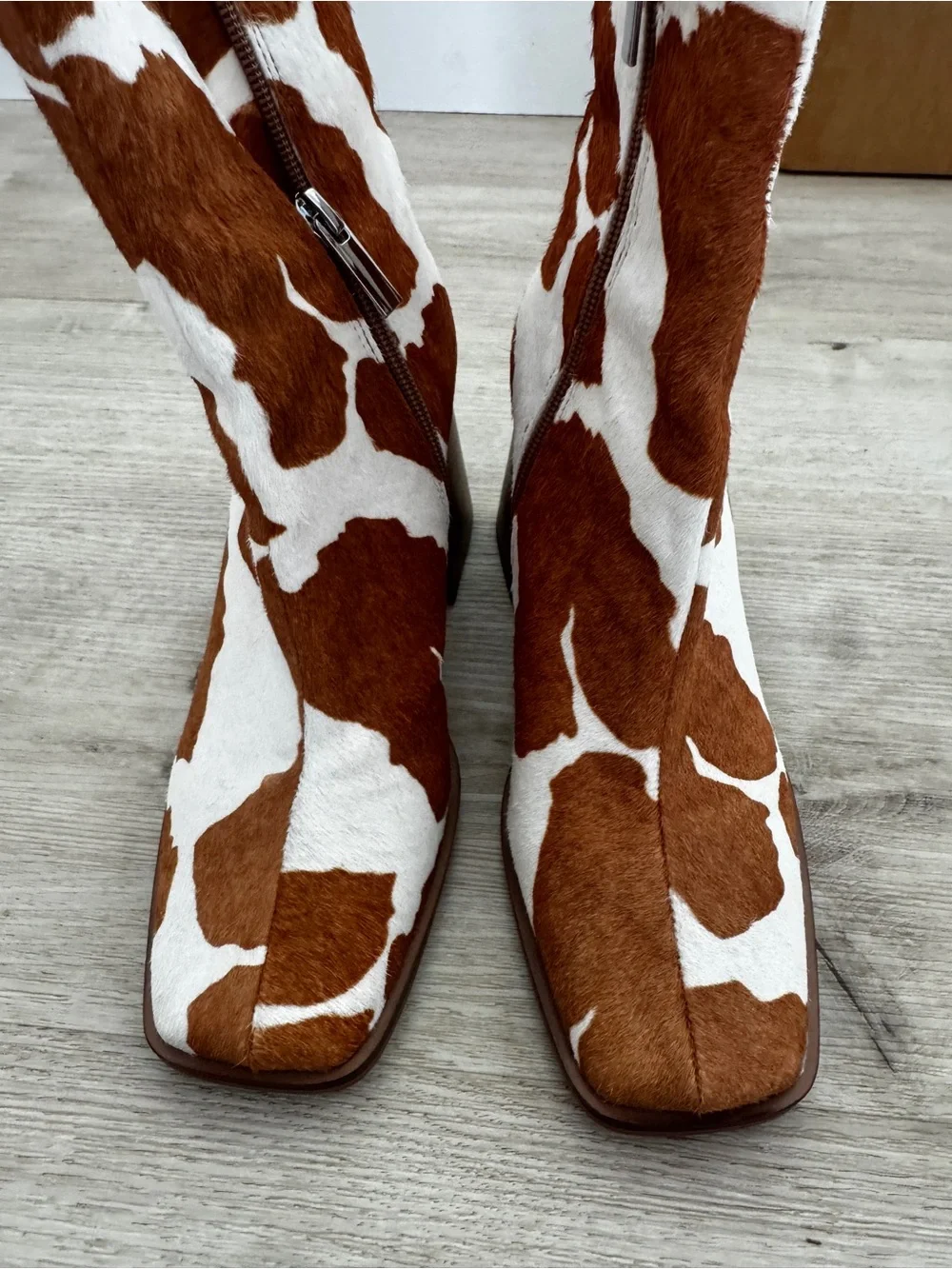 Cow Print Brown and White Block Heel Ankle Boots 6.5 Steve Madden real fur